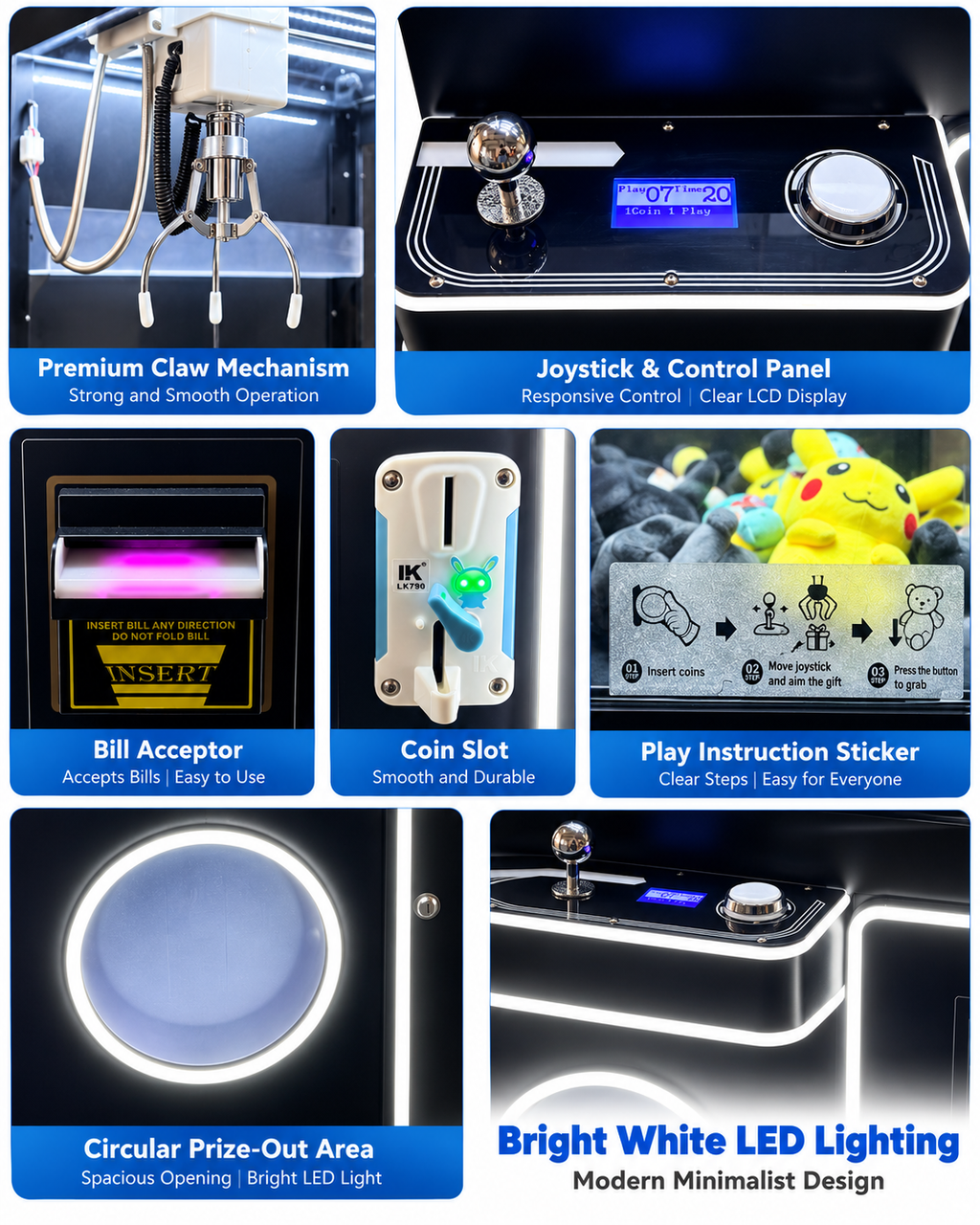 Modern Black Claw Machine with White LED Lights Bill Acceptor Coin