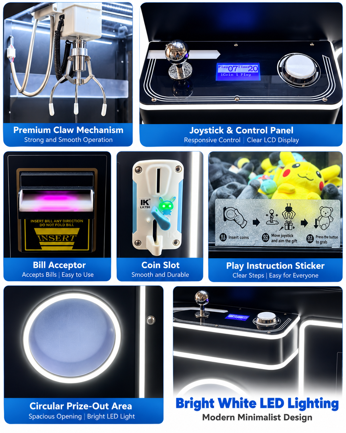 Modern Black Claw Machine with White LED Lights Bill Acceptor Coin