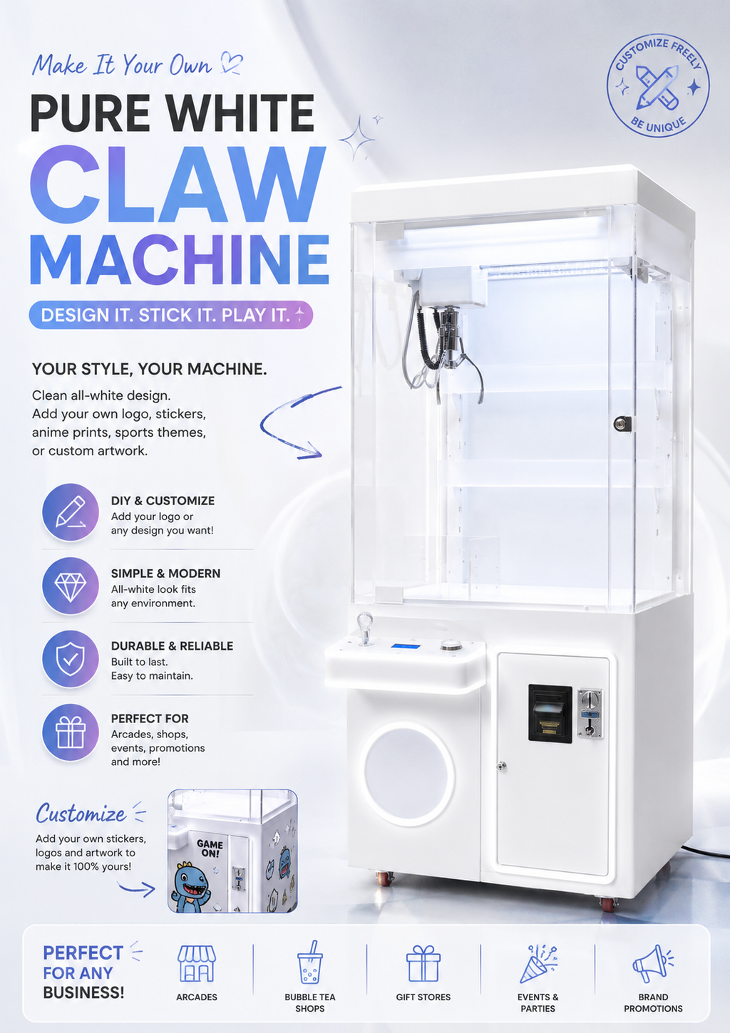 Modern White Commercial Claw Machine Customizable Arcade Crane Machine with LED Lights