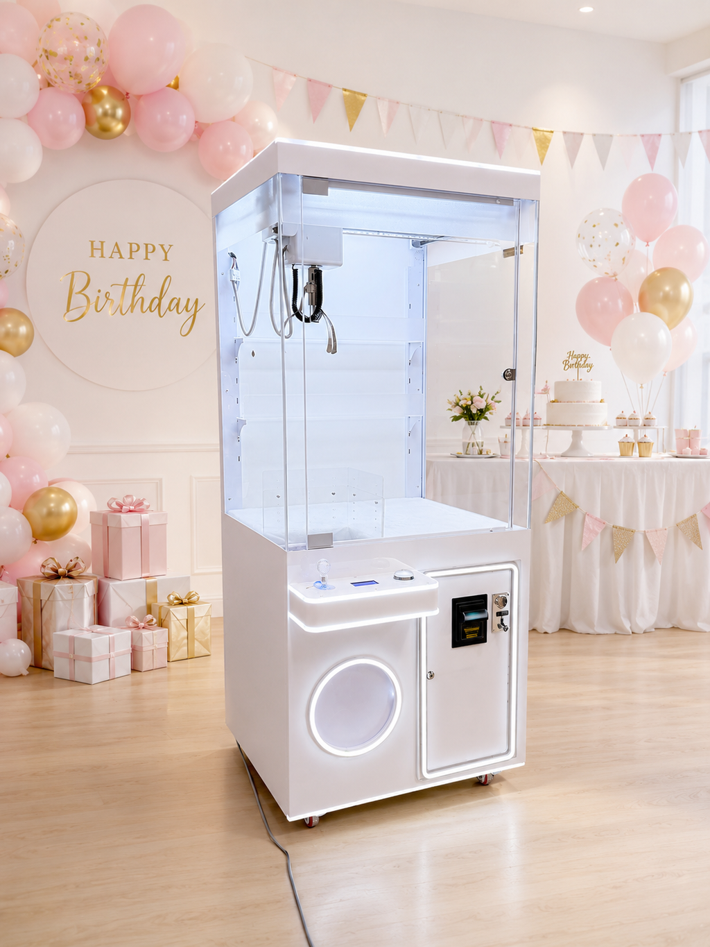 Modern White Commercial Claw Machine Customizable Arcade Crane Machine with LED Lights